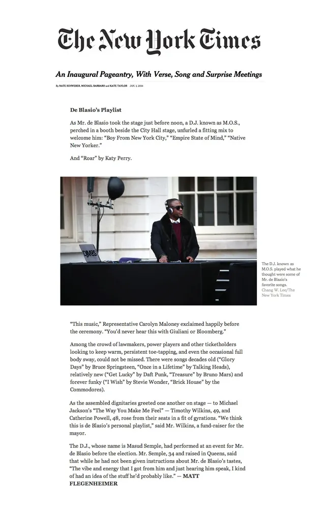 The New York Times, DJ M.O.S. spins Mayor de Blasio's inauguration playlist at City Hall